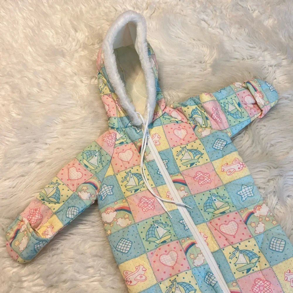 Vintage Baby Bunting Snowsuit 0-6 months Patchwork Pastel Colors Please Read